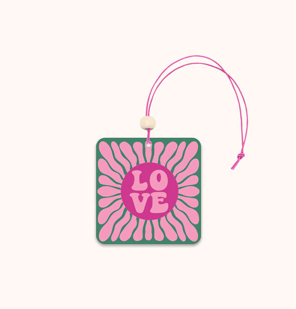 Pink and green retro love flower car air freshener on pink string with a white accent bead