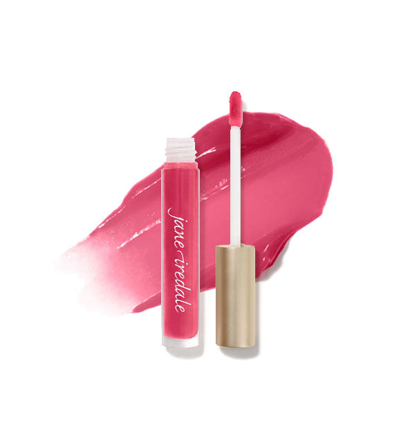Tube of Jane Iredale HydroPure Hyaluronic Acid Lip Gloss with doe foot applicator cap removed and sample enlarged product application behind in shade Blossom