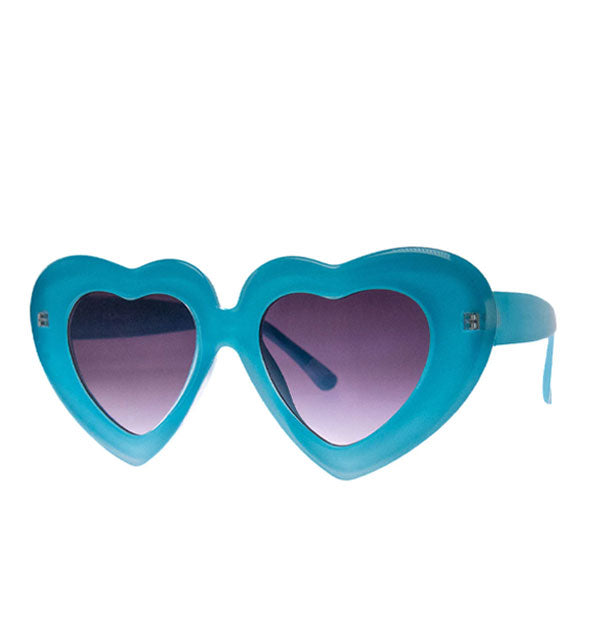 Blue heart-shaped sunglasses with thick frame and purple lenses