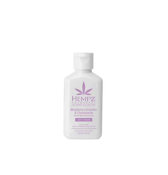 White 2.25 ounce bottle of Hempz Aromabody Blueberry Lavender & Chamomile Herbal Body Moisturizer with purple lettering and design accents