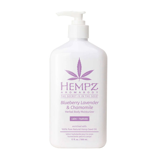 White 17 ounce bottle of Hempz Aromabody Blueberry Lavender & Chamomile Herbal Body Moisturizer with purple lettering and design accents