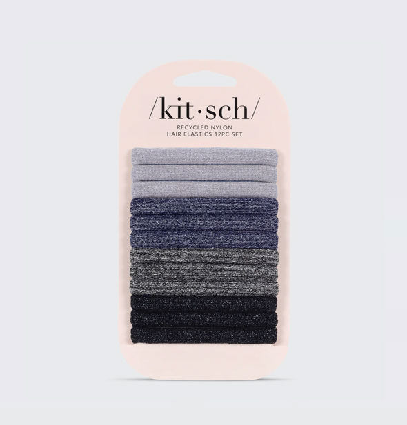 Pack of 12 Recycled Nylon Hair Elastics in shades of shimmery blue on pink Kitsch product card