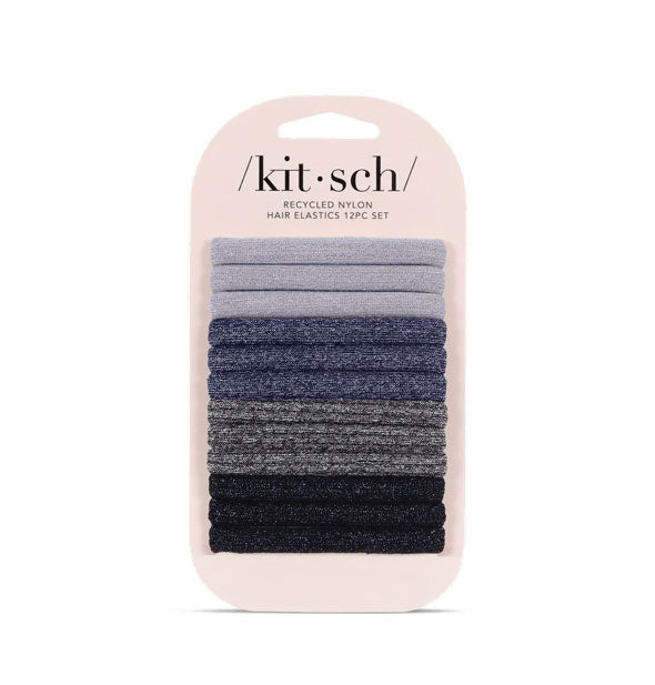 Pack of 12 Recycled Nylon Hair Elastics in shades of shimmery blue on pink Kitsch product card