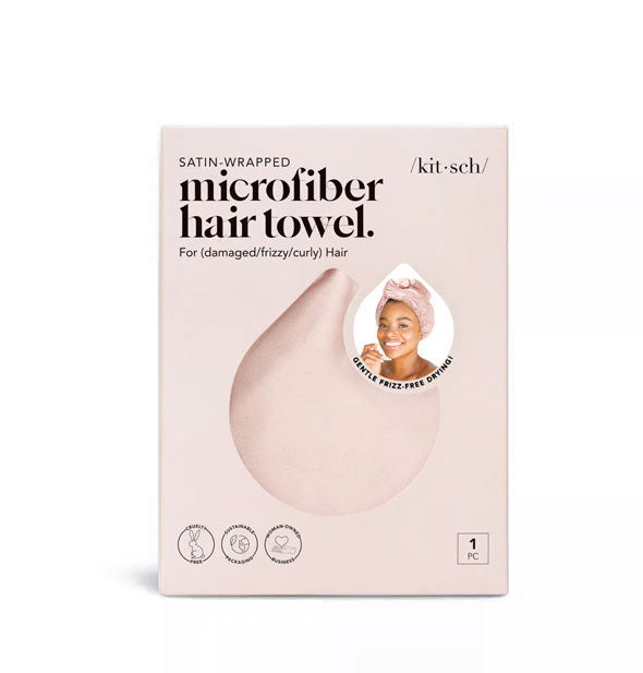 Satin-Wrapped Microfiber Hair Towel by Kitsch in Blush shown through window in packaging