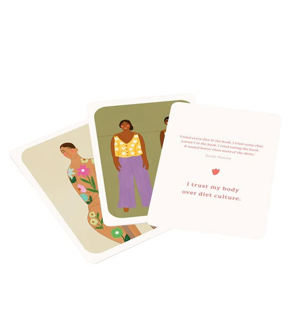 Three sample cards from The Body Gratitude Deck of Cards, the top one of which says, "I trust my body over diet culture."