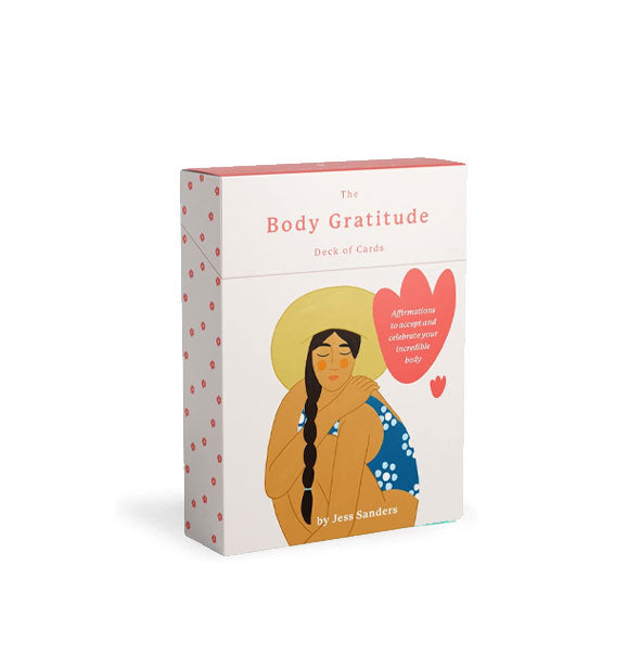 The Body Gratitude Deck of Cards box with illustration of a woman in a hat and swimsuit embracing herself