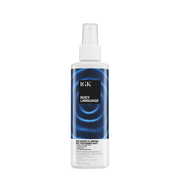 7 ounce bottle of IGK Body Language Rice Water Plumping and Thickening Mist with radial blue label design
