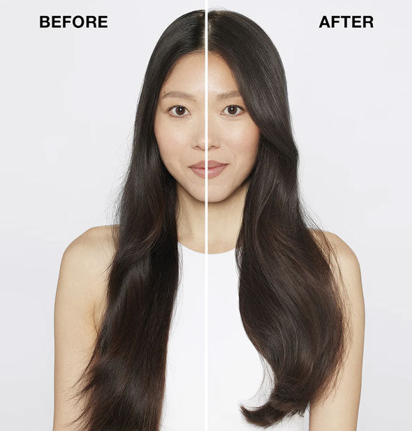 Side-by-side comparison of model's hair before styling with IGK Body Language Rice Water Plumping and Thickening Mist