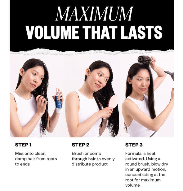 Three-step IGK Body Language Rice Water Plumping and Thickening Mist styling instructions with pictorial references is headed, "Maximum volume that lasts"