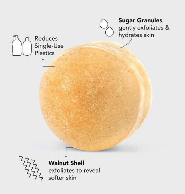 Scrub Bar is labeled with its benefits represented by infographics: Sugar Granules gently exfoliate & hydrate skin; Walnut Shell exfoliates to reveal softer skin; Reduces single-use plastics