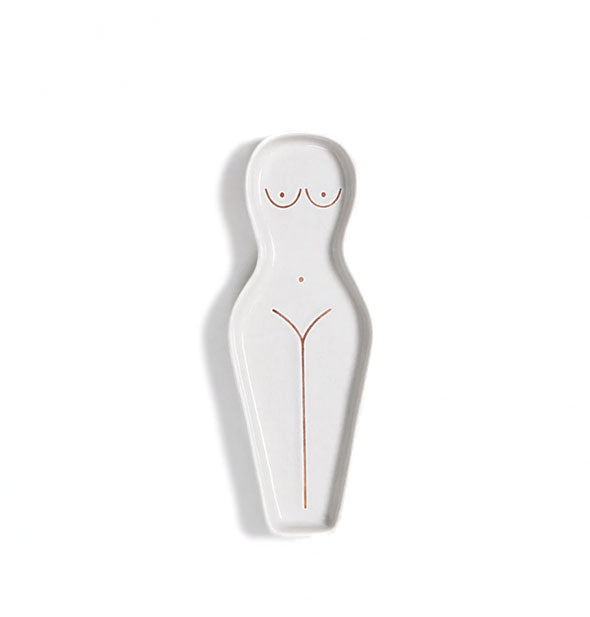 White ceramic dish with brown detail outlining a feminine figure