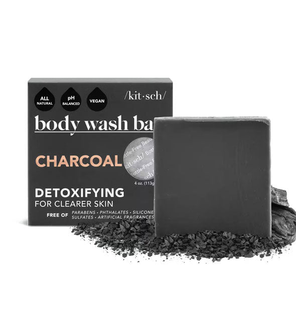 Body Wash Bar soap by Kitsch with box packaging surrounded by crumbled charcoal