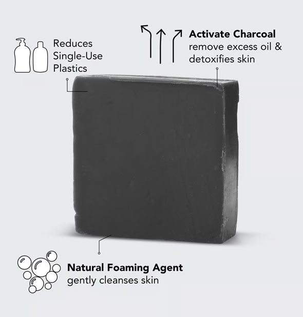 Block of charcoal bar soap is labeled with its benefits represented by infographics: Reduces singlep-use plastics; Removes excess oil & detoxifies skin; Natural foaming agent gently cleanses skin