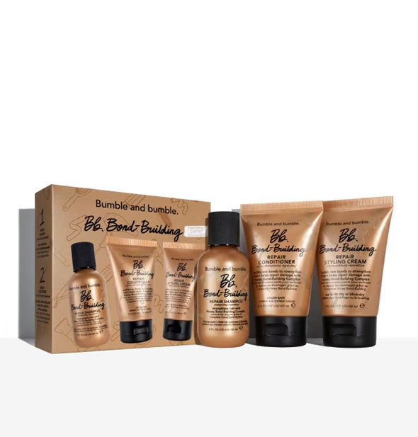 Bronze-colored Bumble and bumble Bond-Building Starter Set box and contents: Repair Shampoo, Conditioner, and Styling Cream