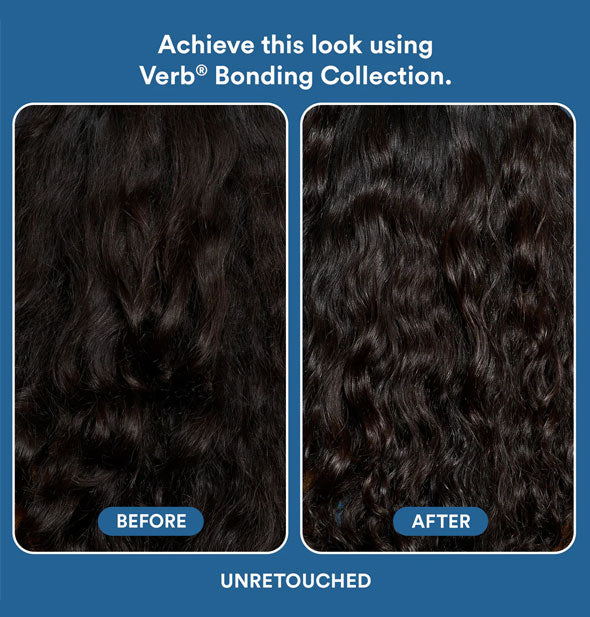 Unretouched side-by-side comparison of a model's hair before and after using the Verb Bonding Collection