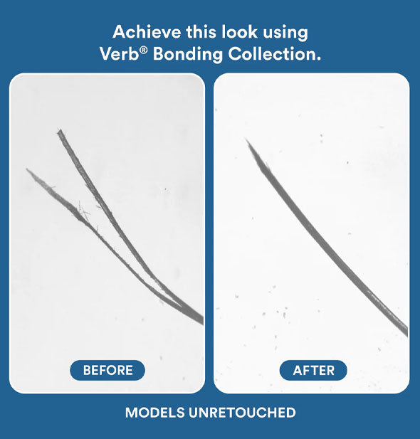 Side-by-side comparison of a hair fiber before and after using Verb Bonding Mask