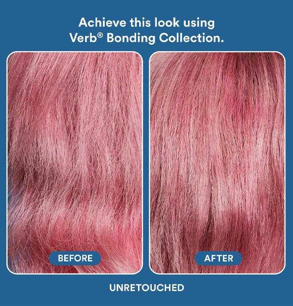 Unretouched side-by-side comparison of a model's hair before and after using the Verb Bonding Collection