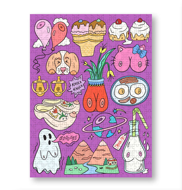Assembled jigsaw puzzle featuring illustrations of things that resemble breasts on a purple background