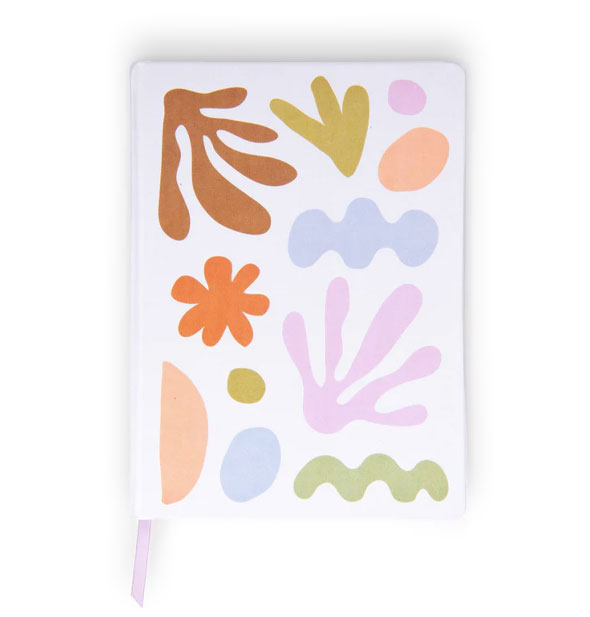 White journal cover with colorful Henri Matisse-inspired abstract shapes and a purple ribbon bookmark extending from the bottom