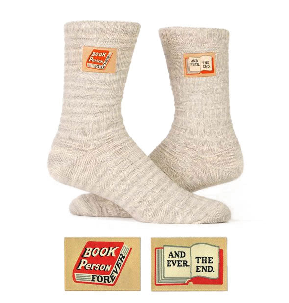 Pair of light beige socks with striped pattern feature sewn-in ankle tags that say, "Book Person Forever. And Ever. The End."