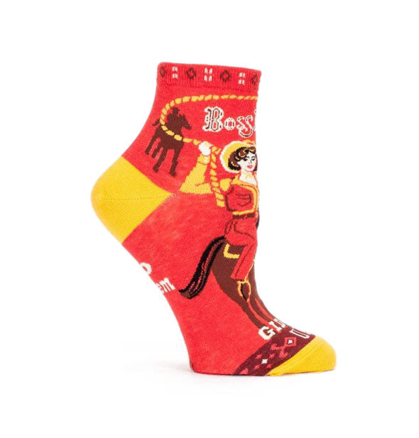 Pair of socks with cowgirl motif say, "Boss Lady" and "Giddy Up"