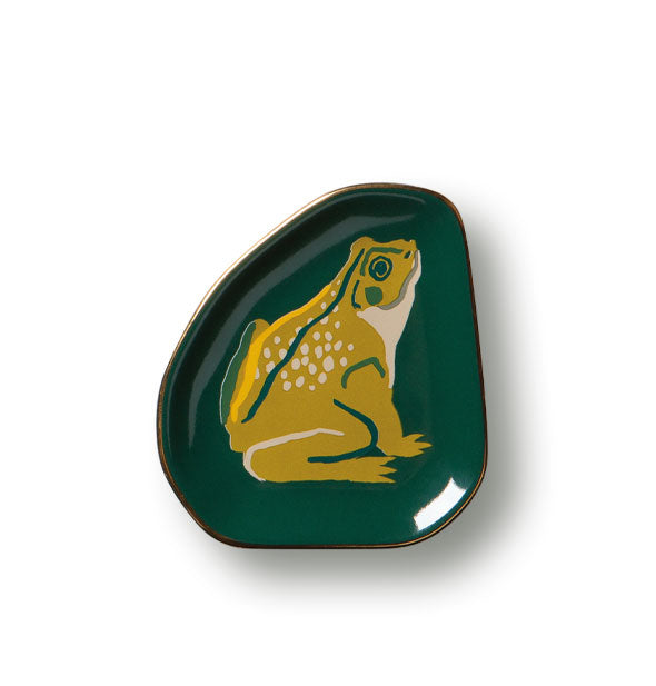 Dark green asymmetrical dish features a central predominantly mustard-gold frog illustration with green and beige details