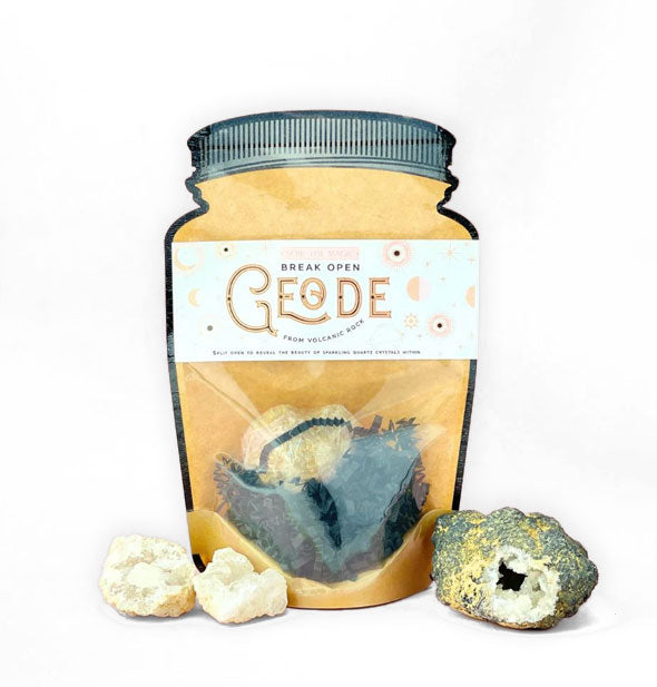 Break Open Geode packaging shaped like a jar with sample stones at each side