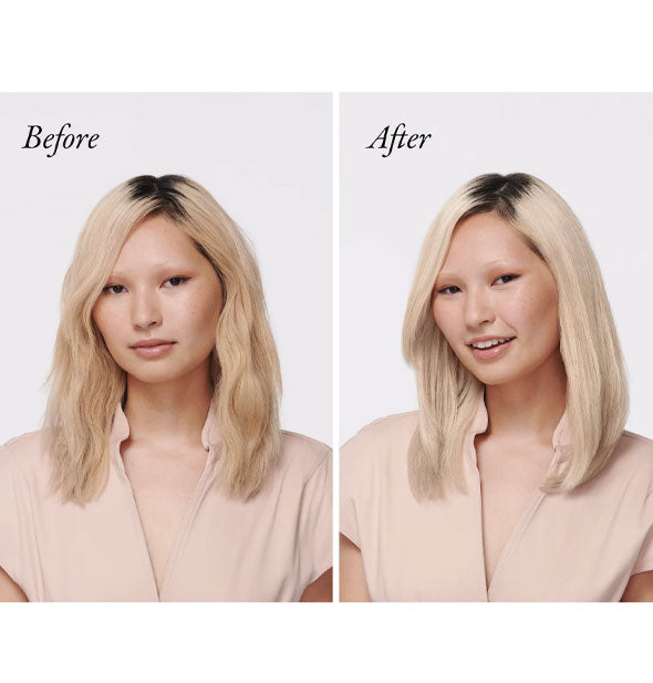 Side-by-side comparison of model's blonde hair before and after using Oribe Bright Blonde Radiance & Repair Treatment