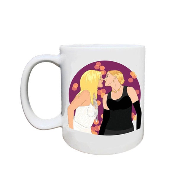 White mug with illustration of Britney Spears and Madonna kissing at the 2003 Video Music Awards