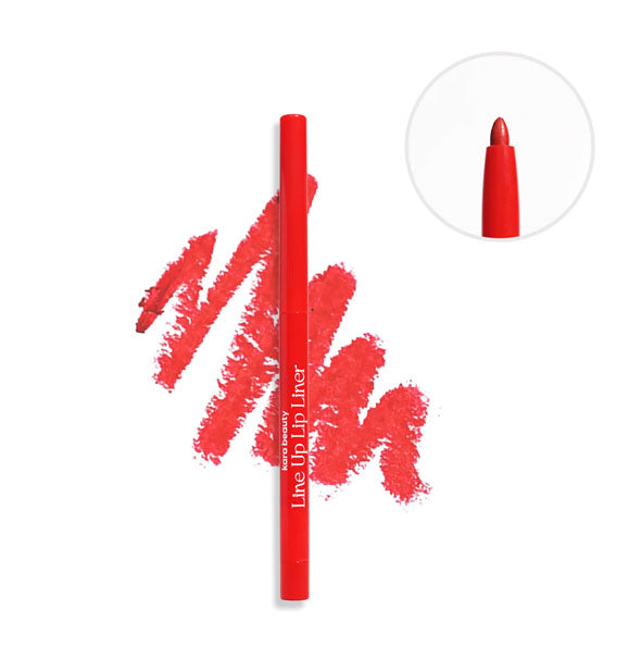 Kara Beauty Line Up Lip Liner pencil in classic bright red shade Beverly  with drawn product sample behind and tip closeup inset bubble at top right