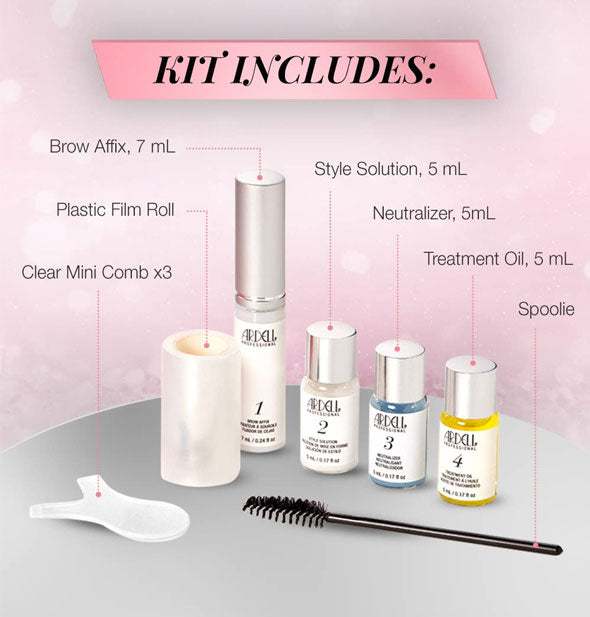 Contents of the Ardell Brow Lamination kit: Brow Affix, Plastic Film Roll, Clear Mini Comb, Style Solution, Neutralizer, Treatment Oil, Spoolie