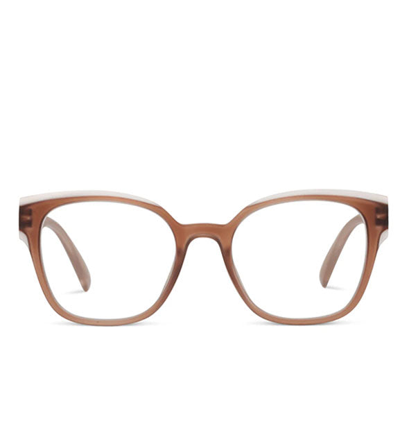 Front view of brown reading glasses with white color block detail