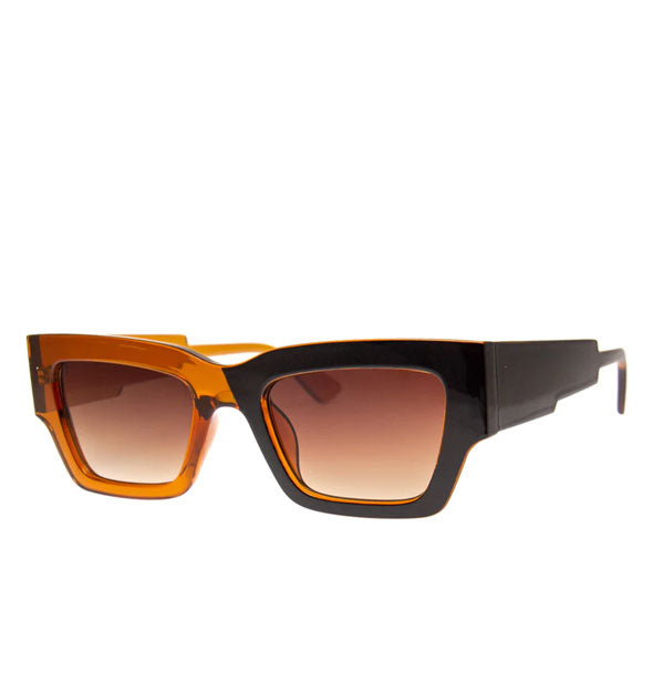 Pair of square sunglasses with a half brown, half black frame and ultra-thick temple arms