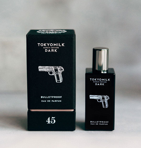 Black box and bottle of TokyoMilk Bulletproof Eau de Parfum with handgun graphic in white printed on each