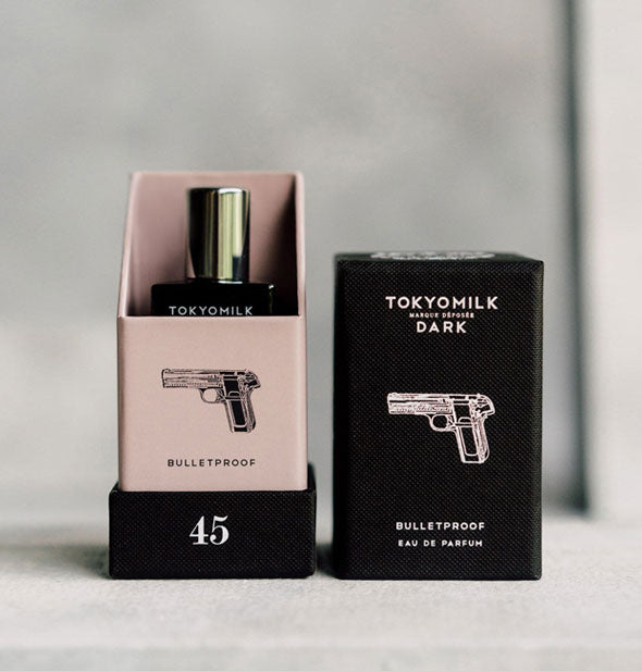 Opened black and pink TokyoMilk Bulletproof Eau de Parfum box with bottle inside