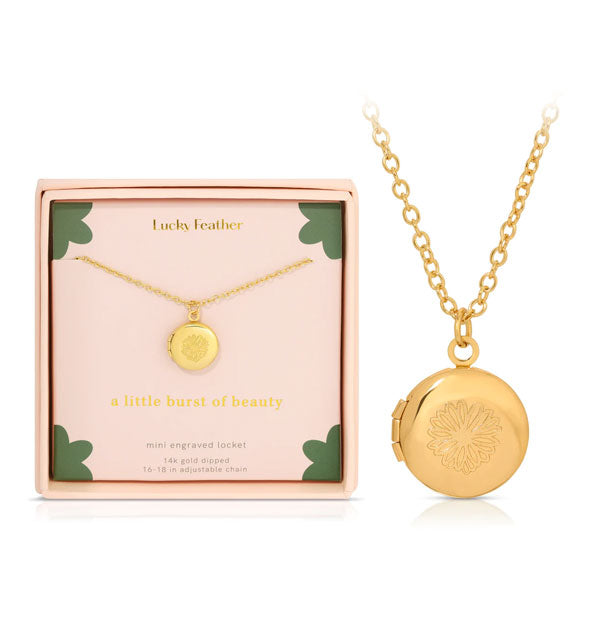 "A Little Burst of Beauty" round gold engraved flower locket necklace is shown in detail next to its gift box packaging