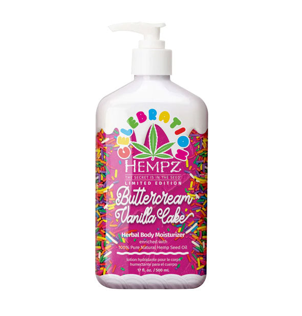 17 ounce bottle of Hempz Limited Edition Celebration Buttercream Vanilla Cake Herbal Body Moisturizer with rainbow sprinkles design motif