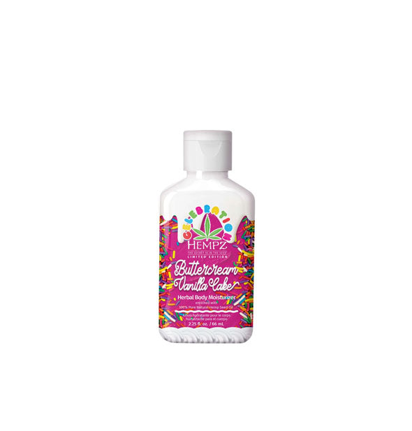 2.25 ounce bottle of Hempz Limited Edition Celebration Buttercream Vanilla Cake Herbal Body Moisturizer with rainbow sprinkles design motif