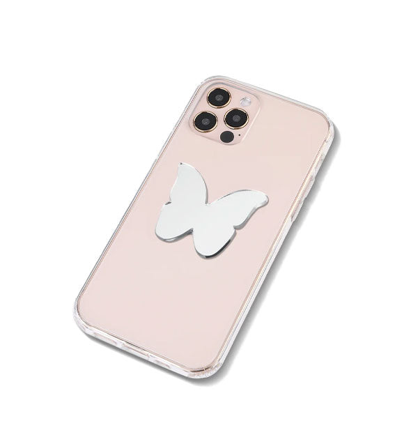 Back of smartphone with butterfly-shaped mirror decal attached