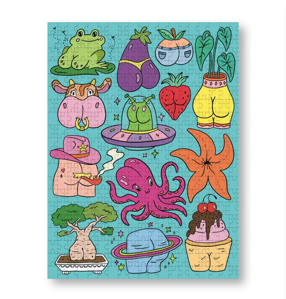 Assembled jigsaw puzzle featuring colorful artwork depicting objects and animals that resemble butts on a blue background