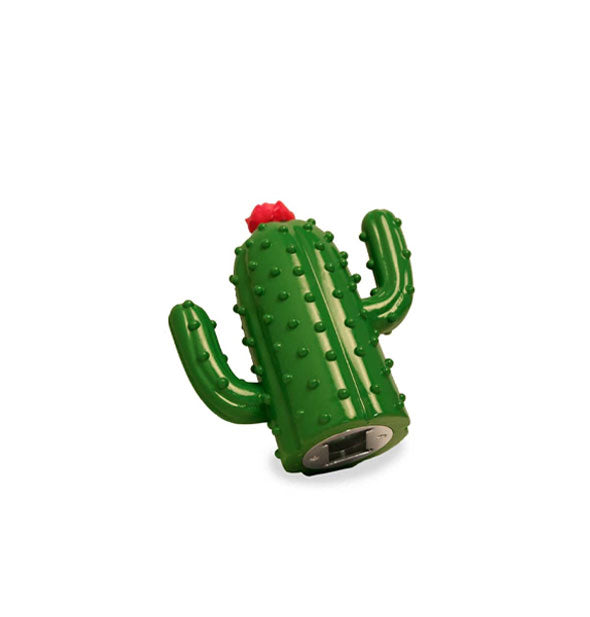 Two-armed green cactus bottle opener with metallic hardware in the base and a red flower accent at the top