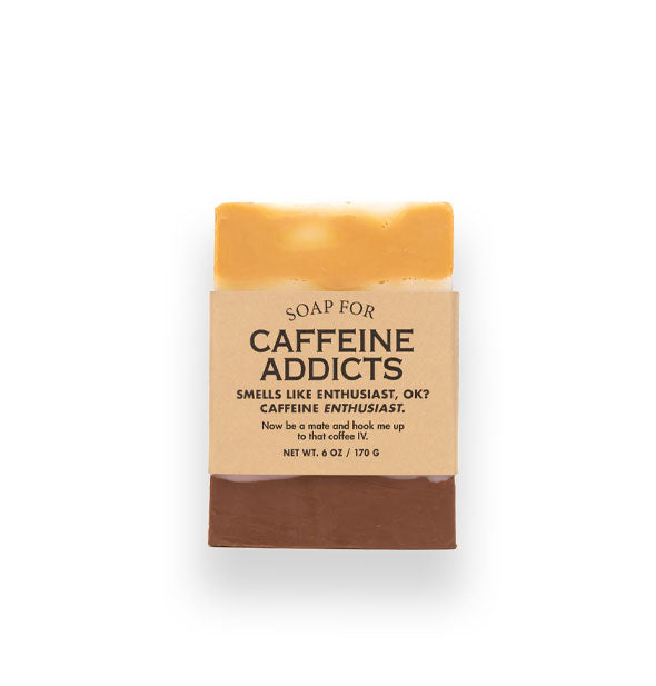 Bar of Soap for Caffeine Addicts (Smells Like Enthusiast, OK? Caffeine Enthusiast) is brown and gold and wrapped in brown paper with black lettering