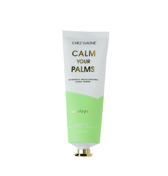 White and green tube of Chez Gangé Calm Your Palms Intensely Moisturizing Hand Crème with gold cap and lettering