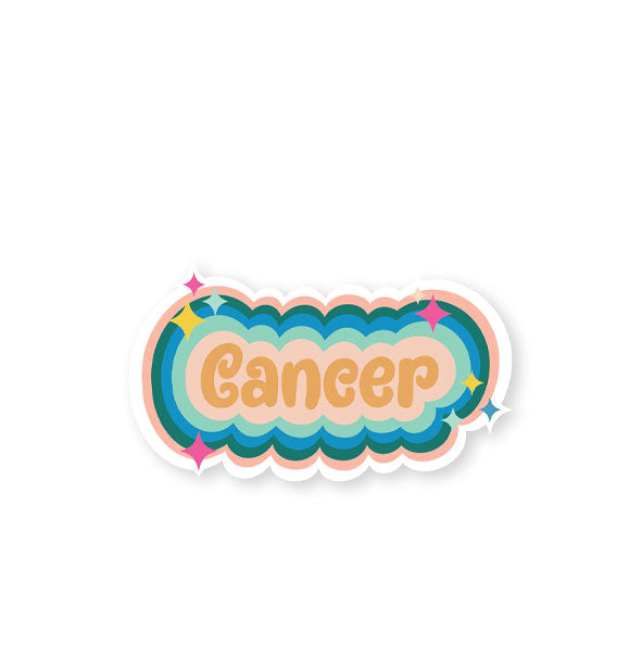 Cancer sticker with colorful striped border and star accents