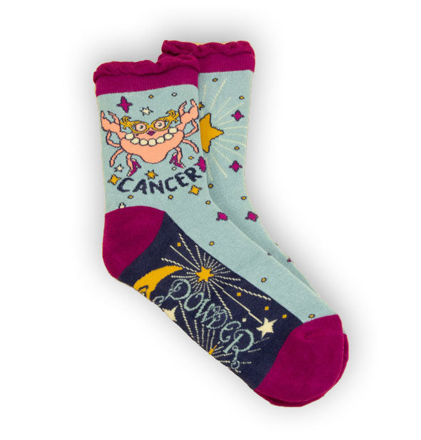 Pair of Cancer socks by Powder feature astrology-themed crab design