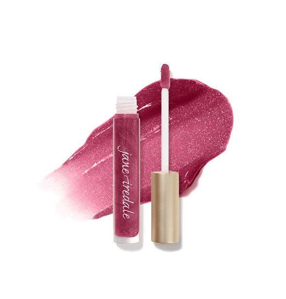 Tube of Jane Iredale HydroPure Hyaluronic Acid Lip Gloss with doe foot applicator cap removed and sample enlarged product application behind in shade Candied Rose