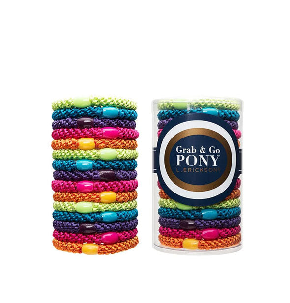 Grab & Go Pony woven hair ties in an assortment of bright colors, each with a decorative bead