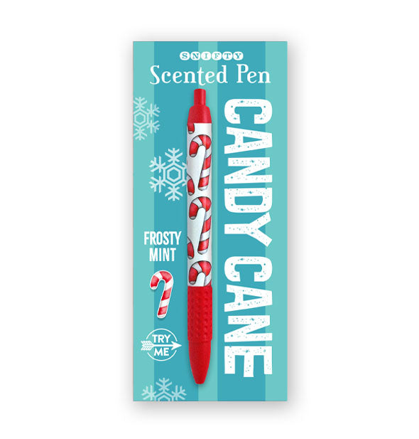 Candy Cane Scented Pen by Snifty on blue striped product card features a red tip, tap, and grip, and red and white striped candy canes print on a white barrel background