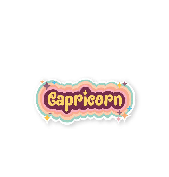Capricorn sticker with colorful striped border and star accents
