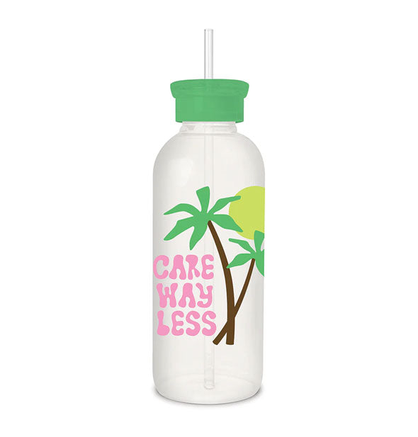Clear glass water bottle with straw and green lid says, "Care Way Less" in pink lettering next to two palm trees and sun